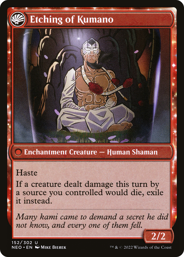 Kumano Faces Kakkazan // Etching of Kumano (NEO-152) - Kamigawa: Neon Dynasty: (fandfc, enchantment) Foil